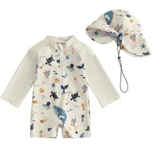 Kids Swimwear Set with Hat - Cream and Blue